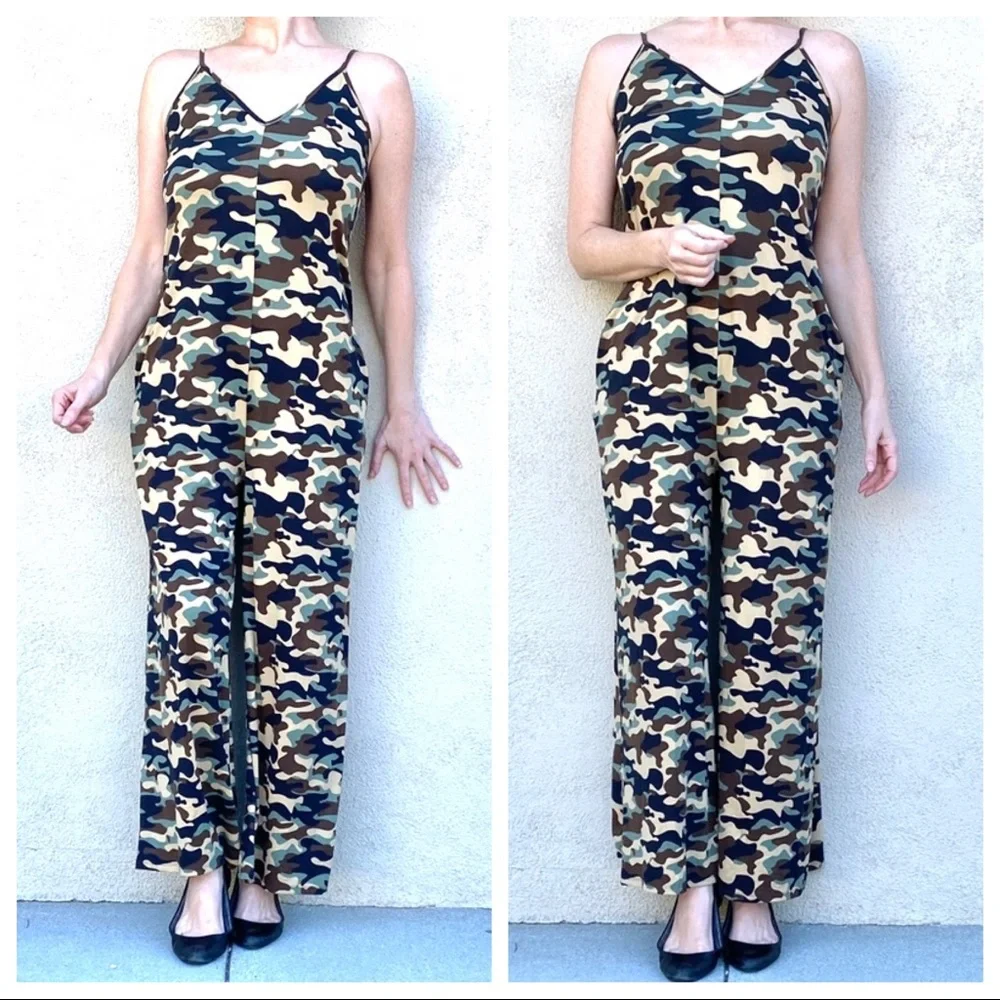 CAMO jumper suit pantsuit jumpsuit green black camouflage POCKETS wide leg pants - Picture 3 of 6